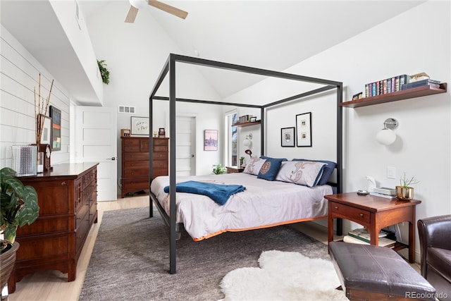 501 S Race St, Denver, CO 80209 - bedroom featuring light wood-style floors, high vaulted ceiling, and ceiling fan
