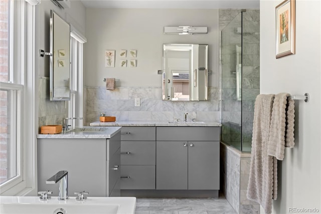 501 S Race St, Denver, CO 80209 - full bathroom featuring tiled shower, a tub, tile walls, and vanity