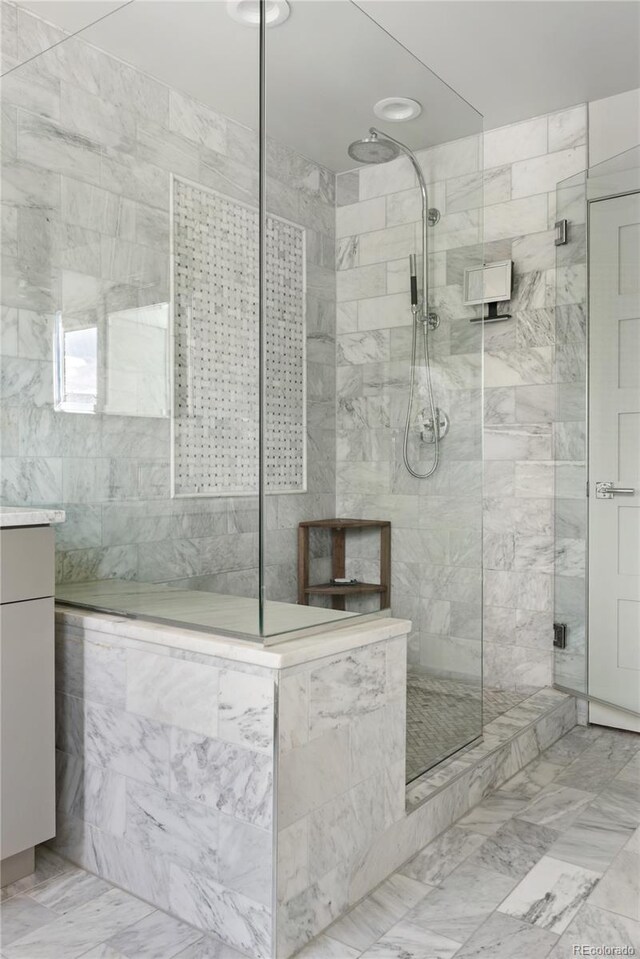 501 S Race St, Denver, CO 80209 - bathroom with a stall shower, marble look tiles, and vanity