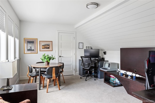501 S Race St, Denver, CO 80209 - home office featuring carpet flooring, lofted ceiling, and baseboards