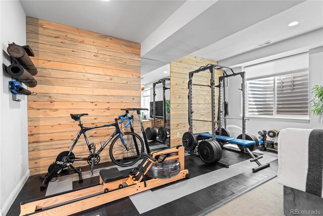 501 S Race St, Denver, CO 80209 - exercise room with wooden walls, baseboards, and recessed lighting