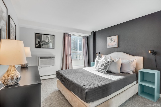 1150 Vine St Unit 201, Denver, CO 80206 - bedroom featuring carpet floors, a baseboard radiator, a wall mounted AC, and a textured wall