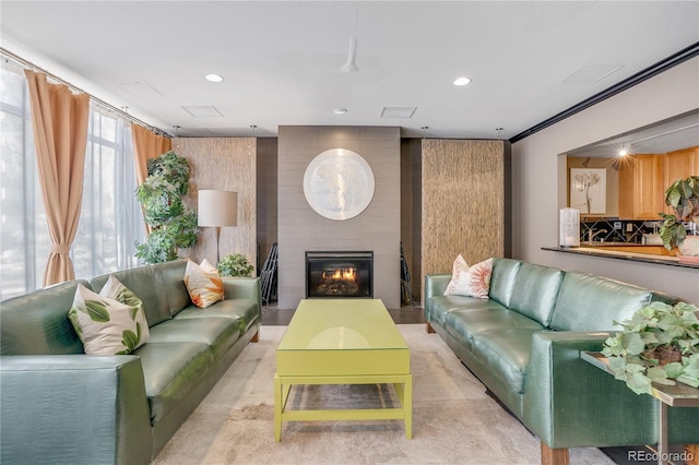 1150 Vine St Unit 201, Denver, CO 80206 - living room with a large fireplace and recessed lighting