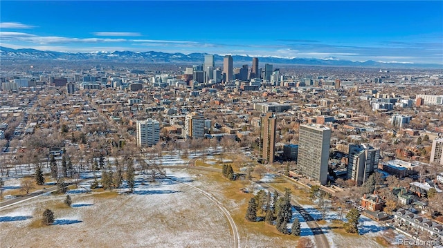 1150 Vine St Unit 201, Denver, CO 80206 - aerial view of property's location featuring a mountainous background and nearby urban area