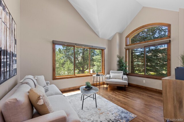 living room featuring baseboards, high vaulted ceiling, and wood finished floors