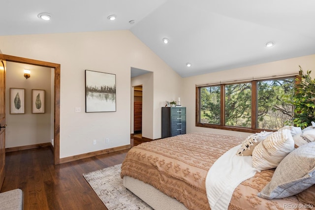 bedroom featuring baseboards, dark wood-style floors, lofted ceiling, a spacious closet, and recessed lighting