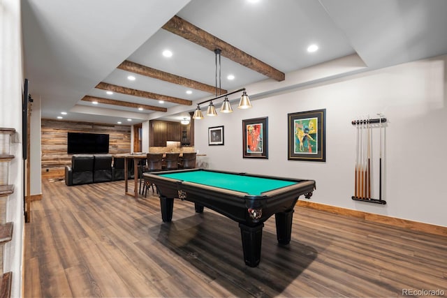 recreation room featuring a community bar, recessed lighting, billiards, and wood finished floors
