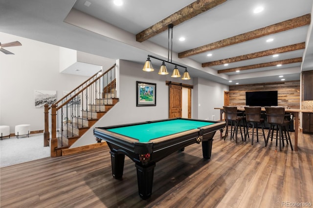 recreation room featuring wood finished floors, recessed lighting, baseboards, beamed ceiling, and pool table