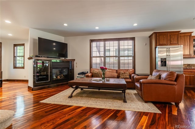 690 S Emerson St, Denver, CO 80209 - living room with a glass covered fireplace, dark wood finished floors, and recessed lighting