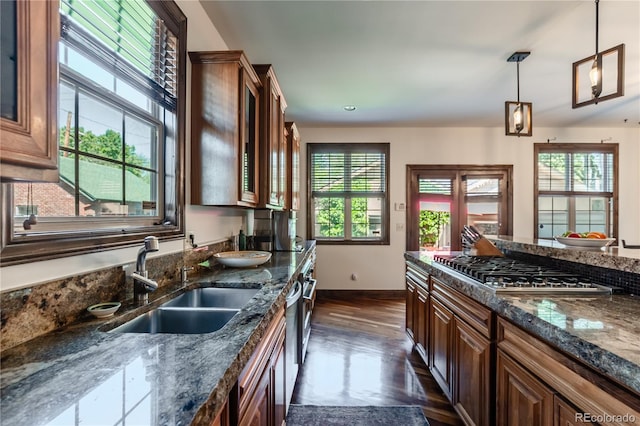 690 S Emerson St, Denver, CO 80209 - kitchen with appliances with stainless steel finishes, plenty of natural light, dark wood-style floors, and dark stone countertops
