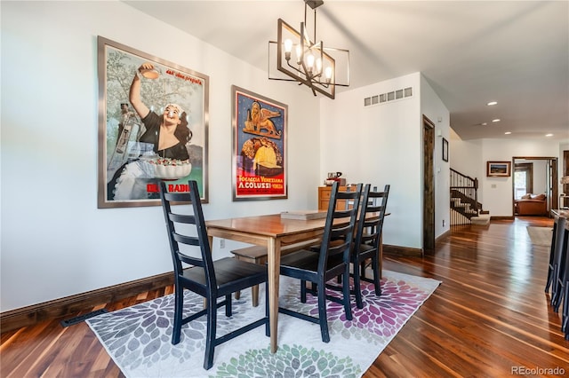 690 S Emerson St, Denver, CO 80209 - dining area featuring stairs, a chandelier, dark wood-style floors, and recessed lighting