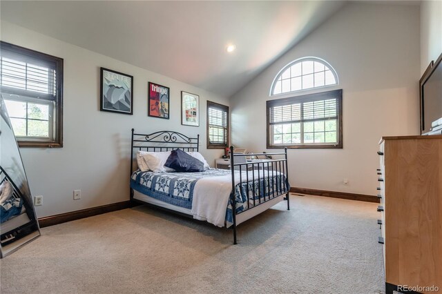 690 S Emerson St, Denver, CO 80209 - carpeted bedroom with high vaulted ceiling and baseboards