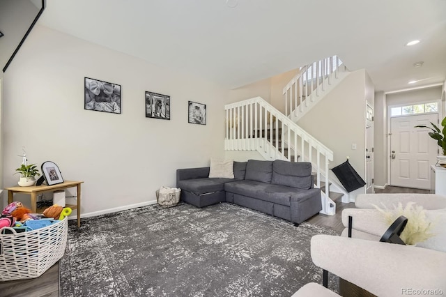 6819 S Webster St Unit B, Littleton, CO 80128 - living room featuring stairs, recessed lighting, and wood finished floors
