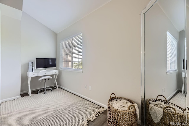 6819 S Webster St Unit B, Littleton, CO 80128 - office area featuring vaulted ceiling and wood finished floors