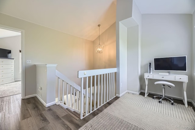 6819 S Webster St Unit B, Littleton, CO 80128 - office with wood finished floors, lofted ceiling, and a chandelier