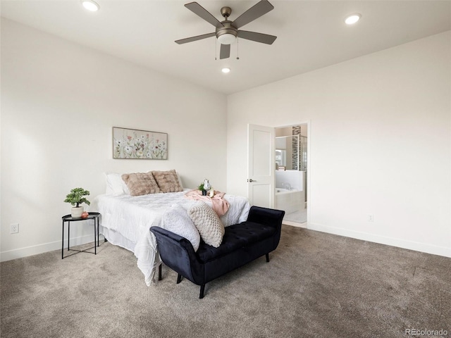 carpeted bedroom featuring ensuite bath, baseboards, a ceiling fan, and recessed lighting