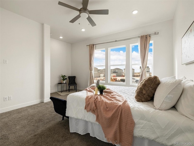 carpeted bedroom with ceiling fan, recessed lighting, and baseboards