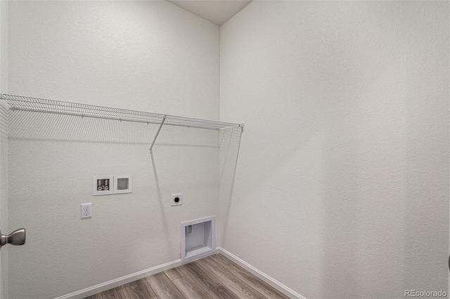 laundry area with electric dryer hookup, hookup for a washing machine, and light hardwood / wood-style flooring