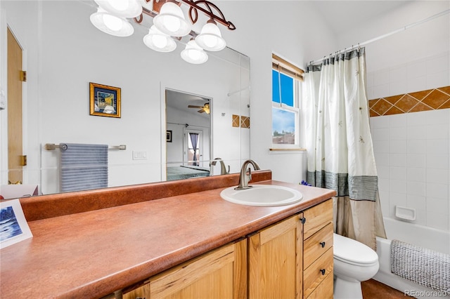 10 Taos Pl, Manitou Springs, CO 80829 - full bathroom featuring vanity, shower / bath combo, a ceiling fan, and a chandelier
