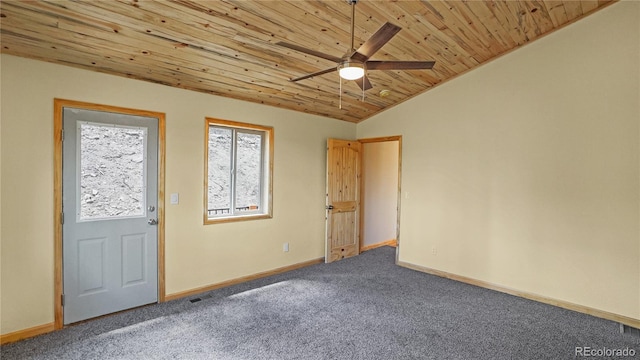 325 Bob Cat Trl, Bailey, CO 80421 - spare room with wooden ceiling, ceiling fan, carpet floors, baseboards, and lofted ceiling