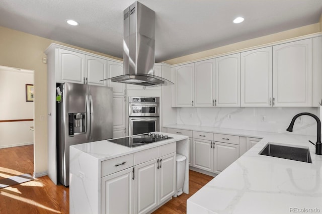 kitchen with light stone counters, island exhaust hood, appliances with stainless steel finishes, a sink, and light wood-type flooring