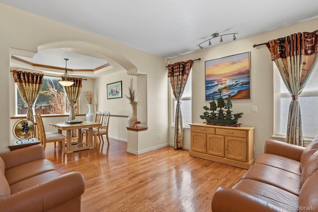 living area with arched walkways, a healthy amount of sunlight, and light wood-style flooring