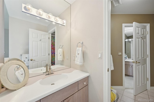 full bath with tile patterned flooring, baseboards, visible vents, and vanity