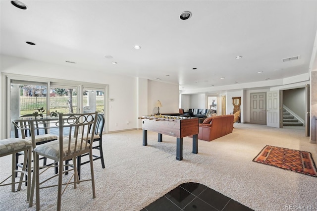 game room with baseboards, visible vents, recessed lighting, and light colored carpet