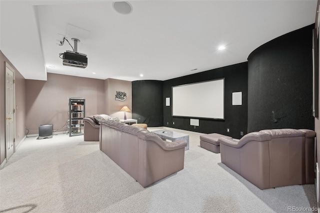 carpeted cinema room featuring recessed lighting and baseboards