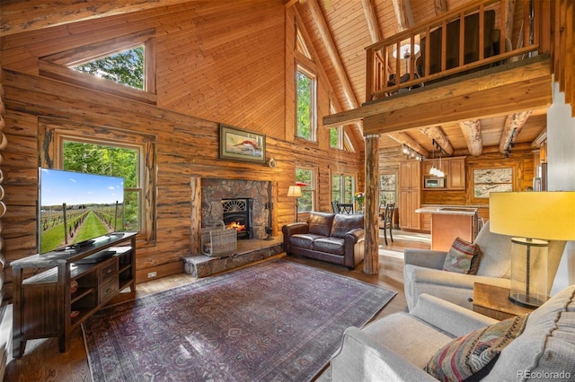 80 Spruce Ct, Evergreen, CO 80439 - living area featuring high vaulted ceiling, wood finished floors, rustic walls, a fireplace, and a wood ceiling with exposed beams