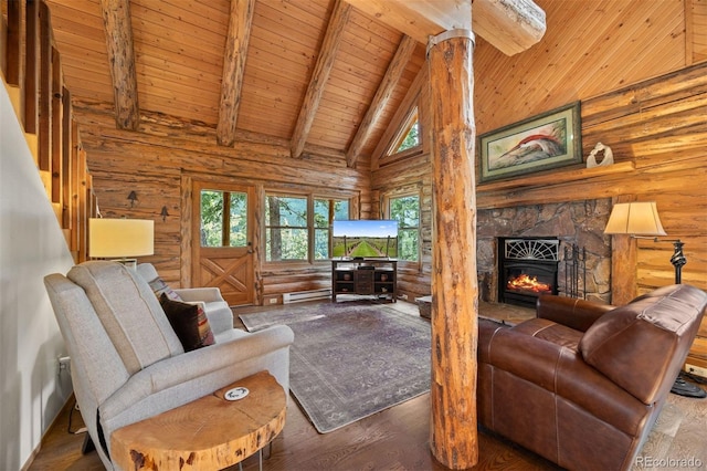 80 Spruce Ct, Evergreen, CO 80439 - living area with high vaulted ceiling, a wooden ceiling with exposed beams, wood finished floors, a baseboard heating unit, and a fireplace