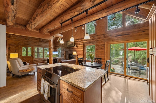 80 Spruce Ct, Evergreen, CO 80439 - kitchen featuring stainless steel electric range, track lighting, open floor plan, wooden ceiling, and a fireplace with raised hearth