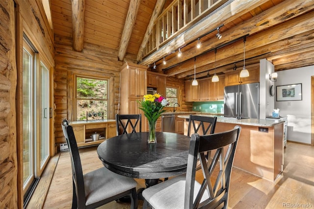 80 Spruce Ct, Evergreen, CO 80439 - dining area with light wood finished floors, wooden ceiling, and track lighting