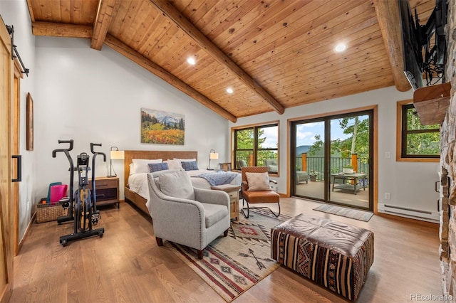 80 Spruce Ct, Evergreen, CO 80439 - bedroom with a baseboard heating unit, light wood-type flooring, access to exterior, a wooden ceiling with exposed beams, and a barn door