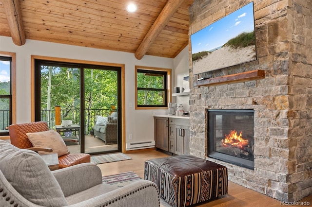 80 Spruce Ct, Evergreen, CO 80439 - living area with baseboard heating, a stone fireplace, wood finished floors, wooden ceiling, and plenty of natural light