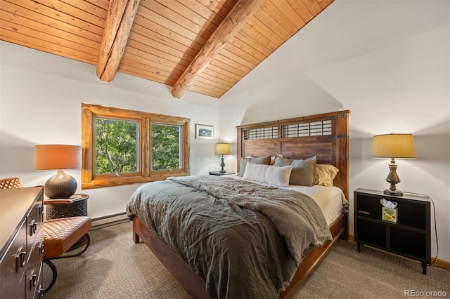 80 Spruce Ct, Evergreen, CO 80439 - bedroom with baseboard heating, wooden ceiling, and carpet flooring