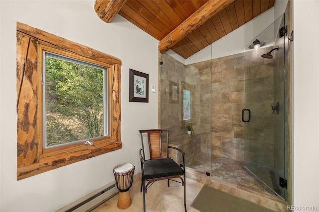 80 Spruce Ct, Evergreen, CO 80439 - full bathroom featuring a baseboard radiator, wooden ceiling, and a shower stall
