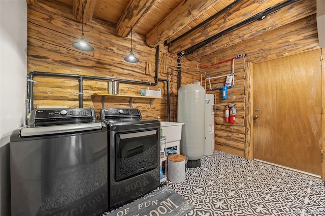 80 Spruce Ct, Evergreen, CO 80439 - washroom with washer and dryer, wood walls, and wooden ceiling