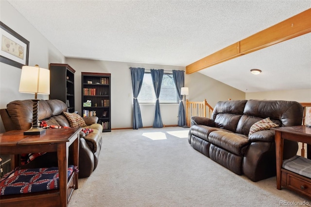 living room with carpet, a textured ceiling, and vaulted ceiling with beams