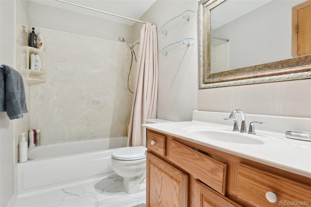 bathroom featuring vanity, toilet, shower / bathtub combination with curtain, and marble finish floor