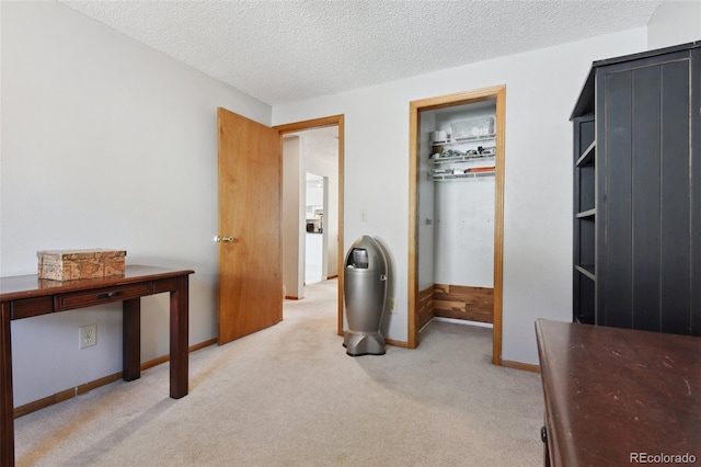 interior space featuring a textured ceiling, light carpet, and baseboards