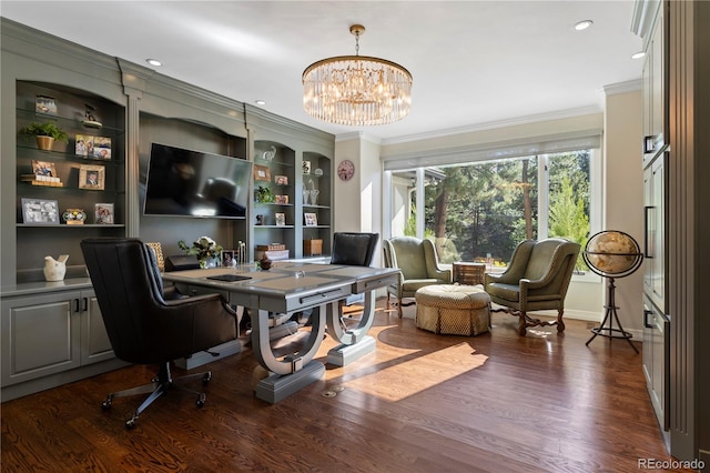 home office with an inviting chandelier, ornamental molding, and dark hardwood / wood-style floors