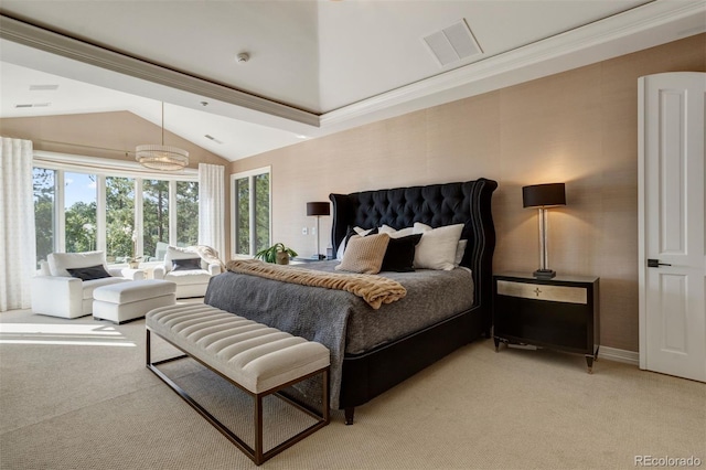 carpeted bedroom featuring lofted ceiling, ornamental molding, and an inviting chandelier