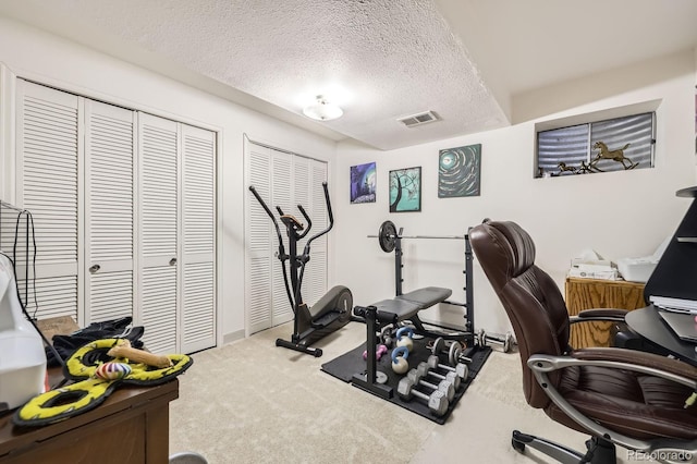 workout room with a textured ceiling, carpet floors, and baseboards