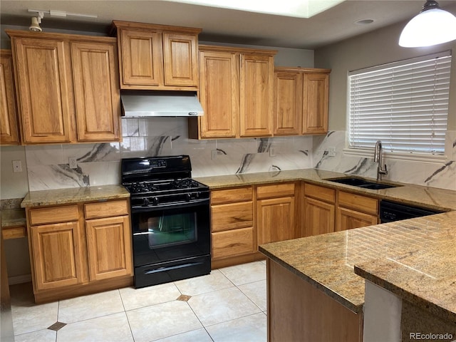 kitchen featuring tasteful backsplash, light tile patterned floors, a sink, ventilation hood, and black appliances