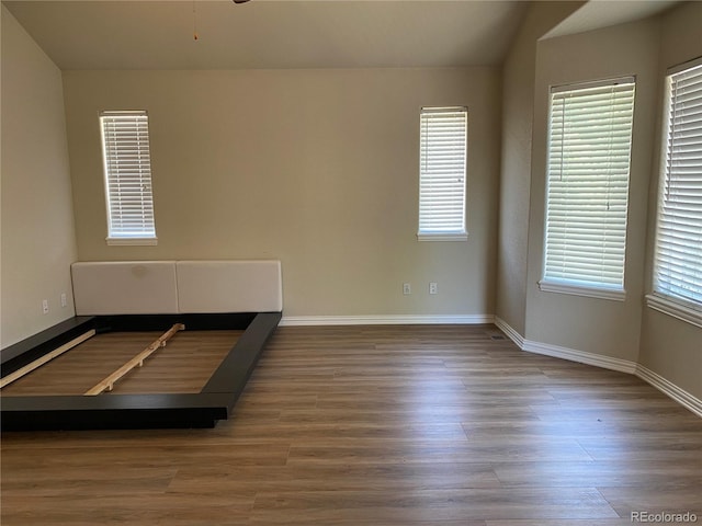 unfurnished bedroom with wood finished floors, baseboards, and multiple windows