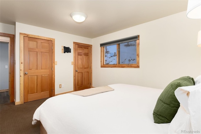 bedroom with dark carpet