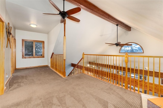 bonus room with carpet, vaulted ceiling with beams, and ceiling fan