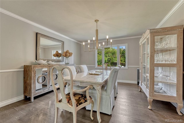 10289 E Berry Dr, Greenwood Village, CO 80111 - dining area with a chandelier, dark wood-style flooring, and ornamental molding