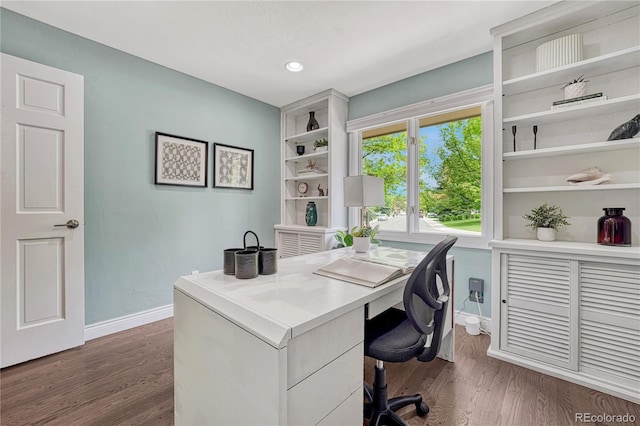 10289 E Berry Dr, Greenwood Village, CO 80111 - home office with dark wood-style floors and recessed lighting